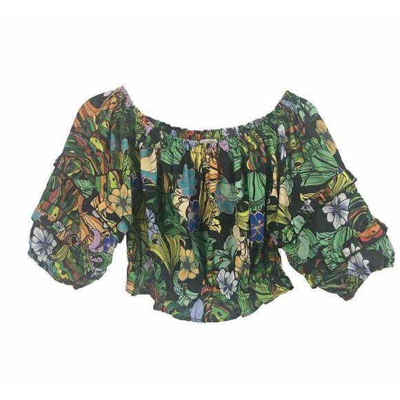 Rachel Zoe Off the Shoulder Puff Sleeve Bold Floral Cropped Blouse Sz Medium - Picture 1 of 5